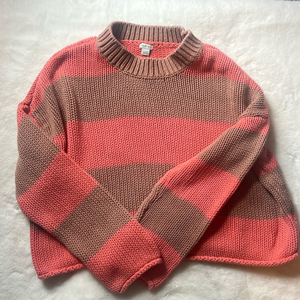 Aerie Coral And Taupe Striped Knit Sweater